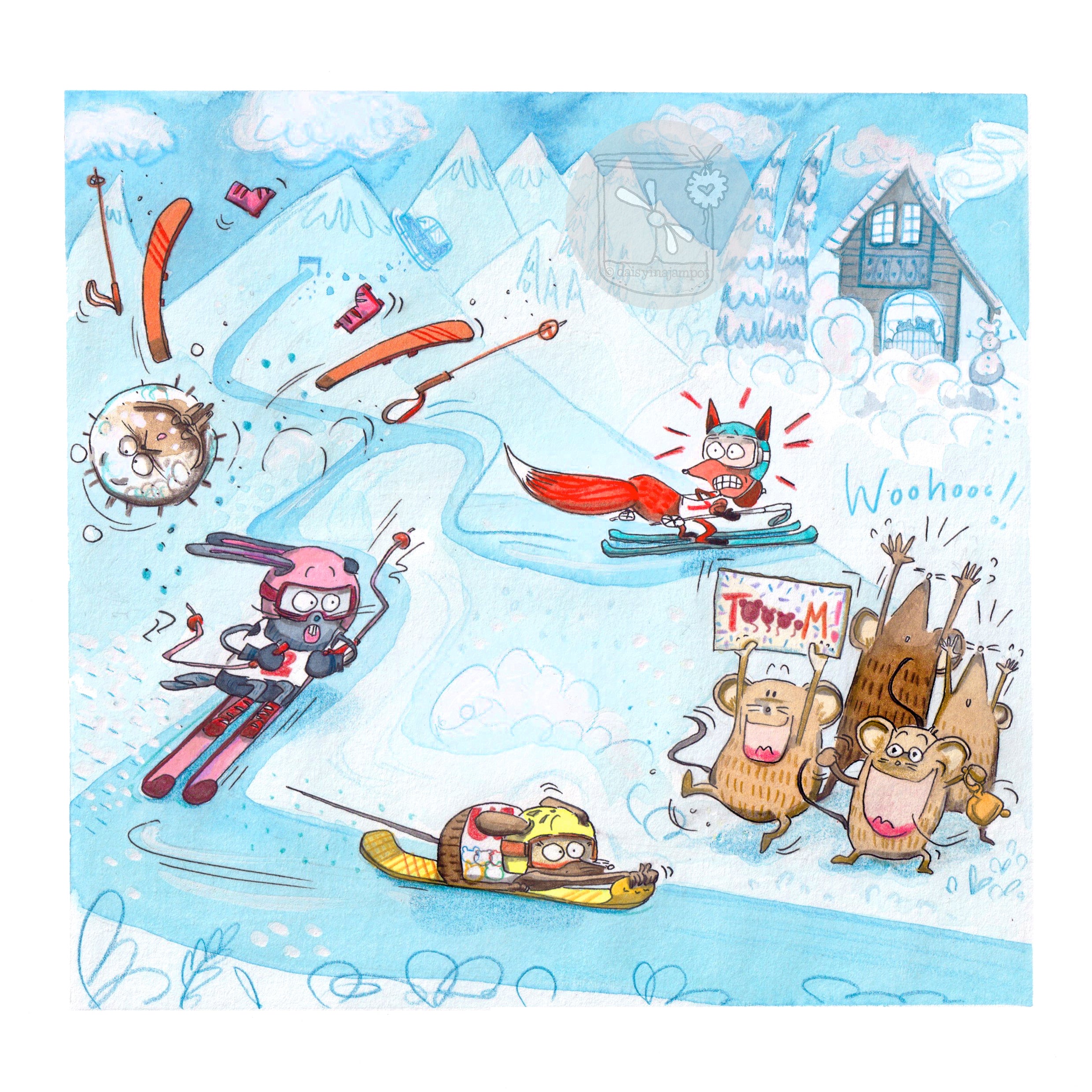 A4 Print: Die kleine Mäusefamilie beim Skirennen