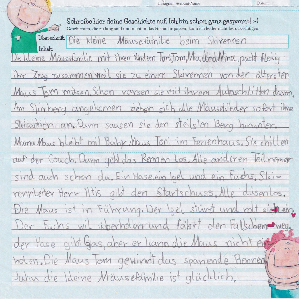 Die kleine Mäusefamilie beim Skirennen