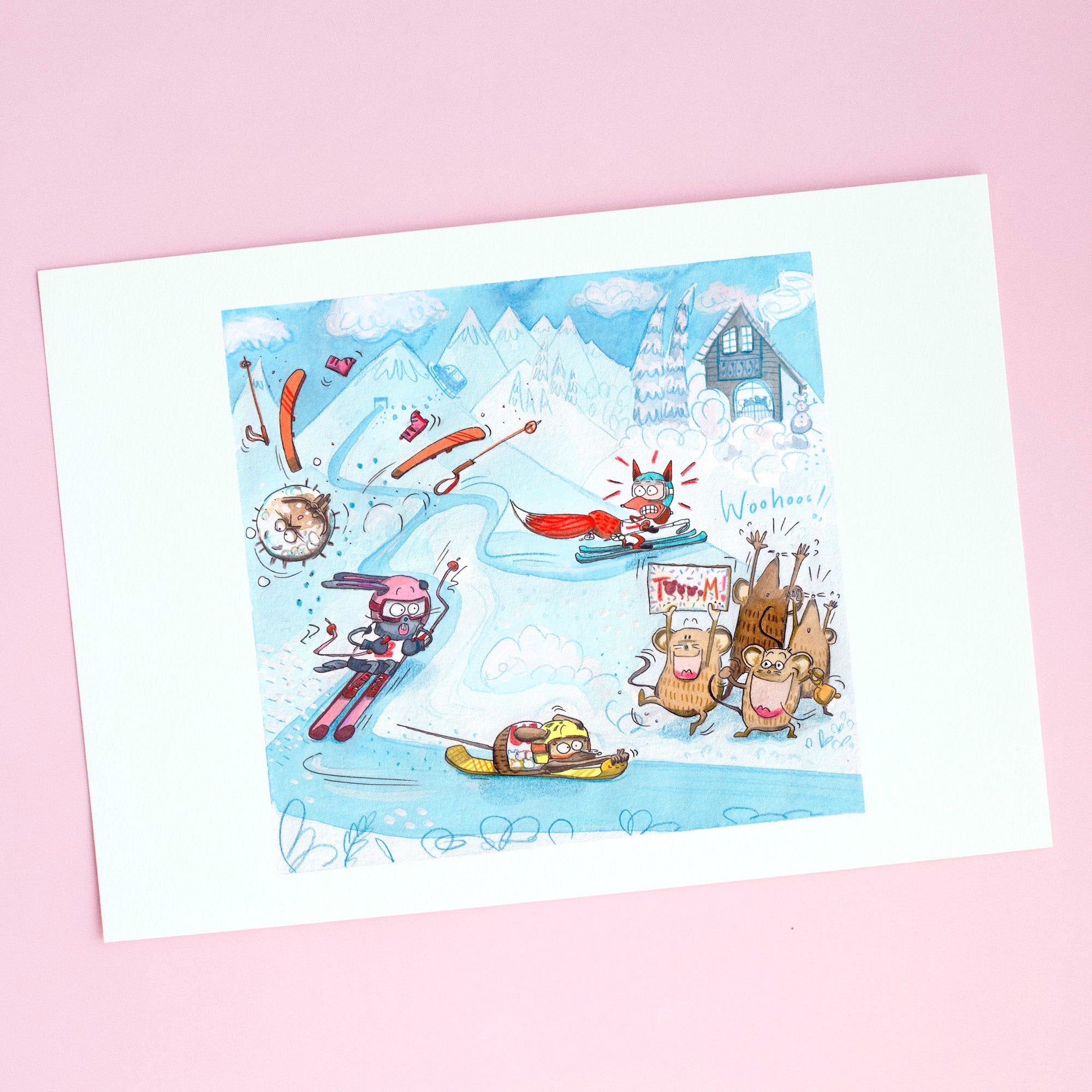 Die kleine Mäusefamilie beim Skirennen