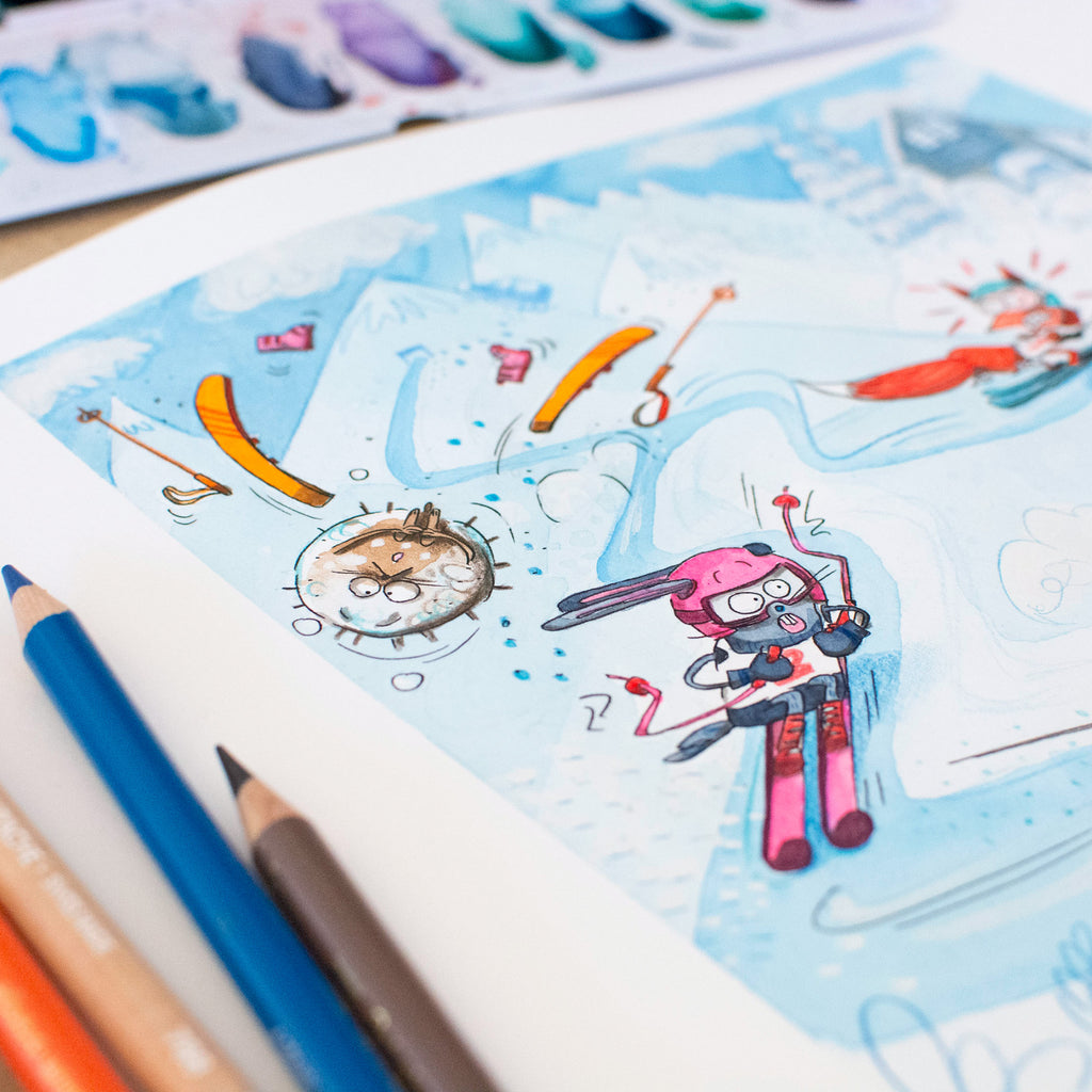 Die kleine Mäusefamilie beim Skirennen