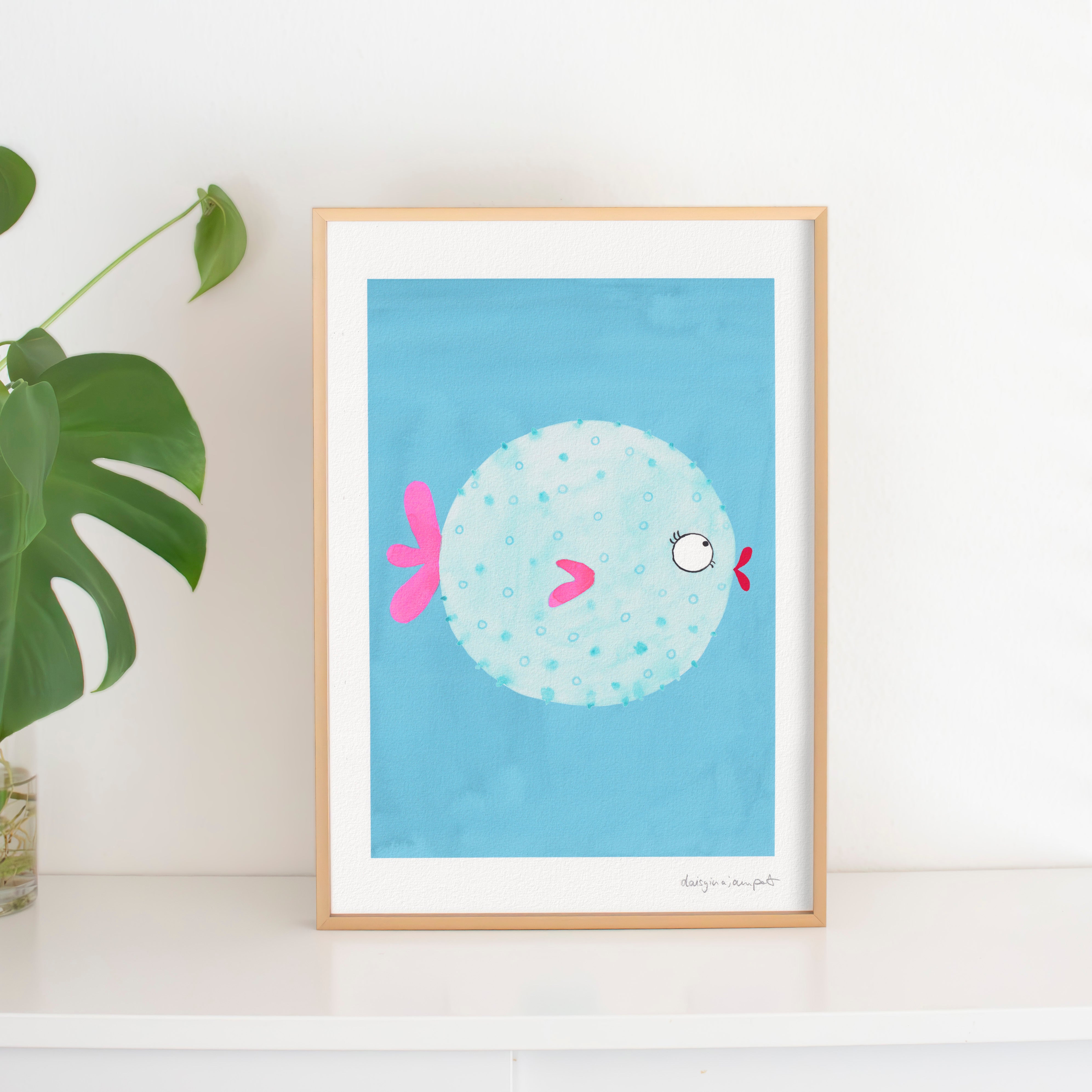 farbenfrohes NEON Aquarell Print Kugelfisch blau und pink