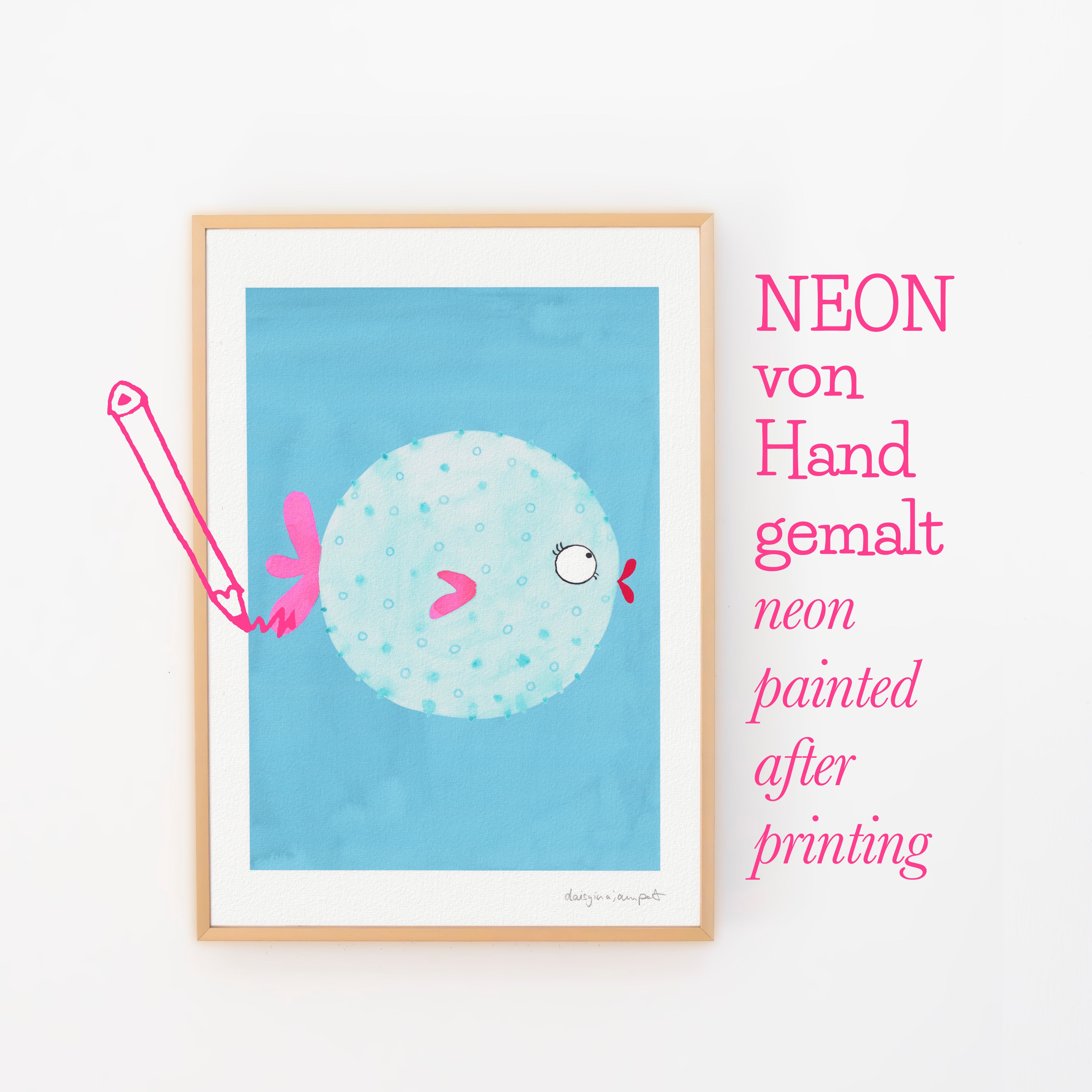farbenfrohes NEON Aquarell Print Kugelfisch blau und pink handbemalt