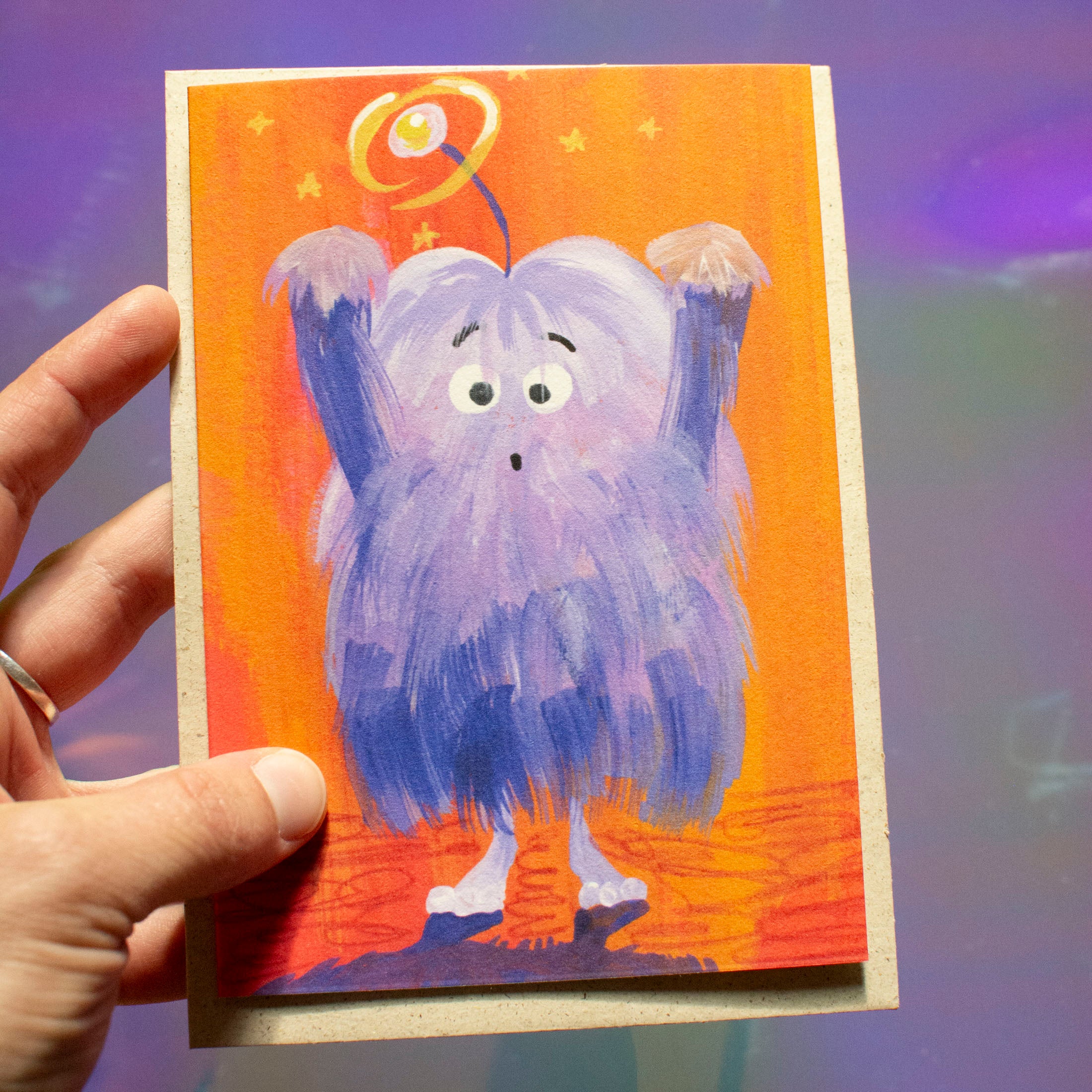 Halloweenkarte lila Fellmonster