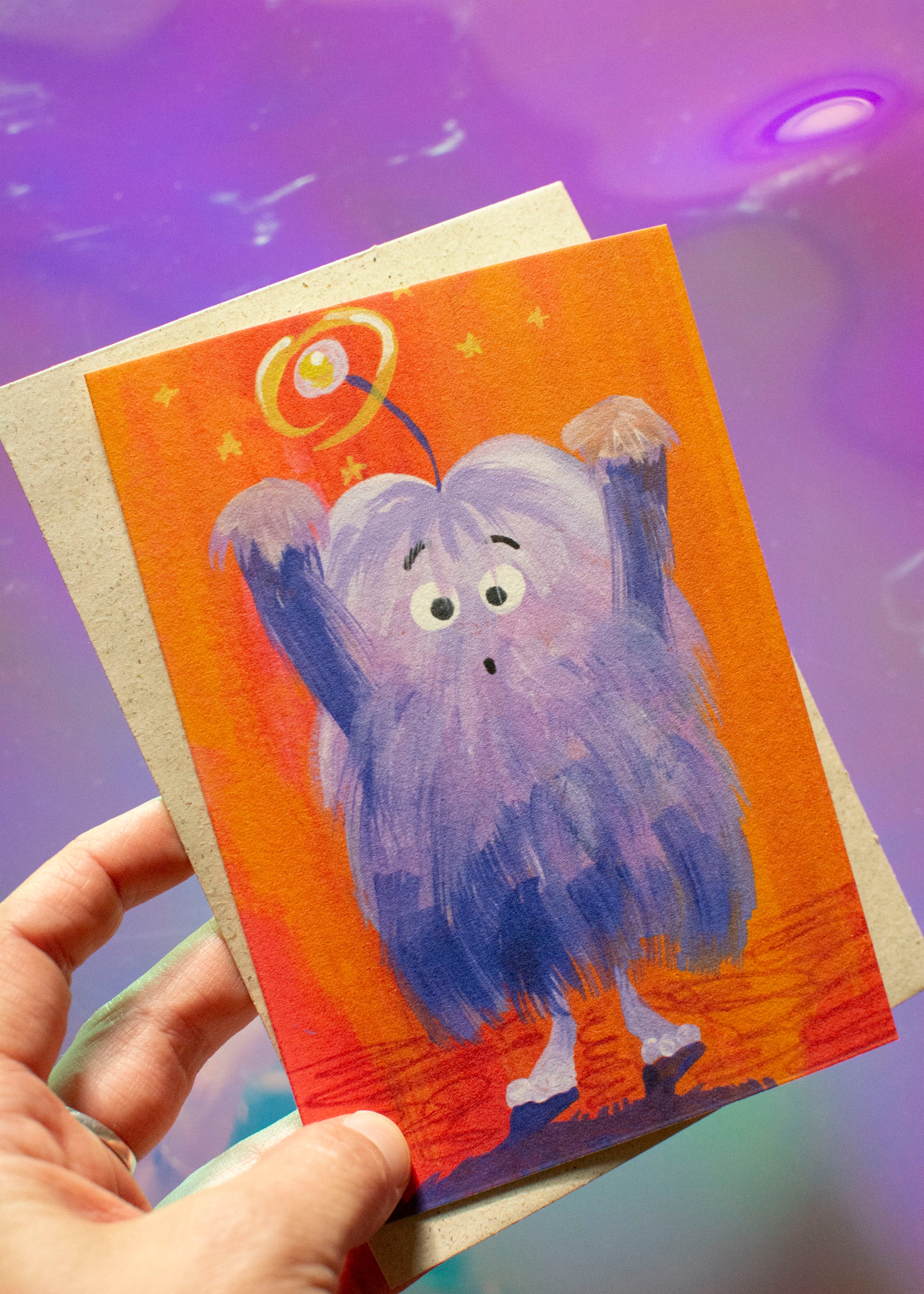 Halloweenkarte lila Fellmonster