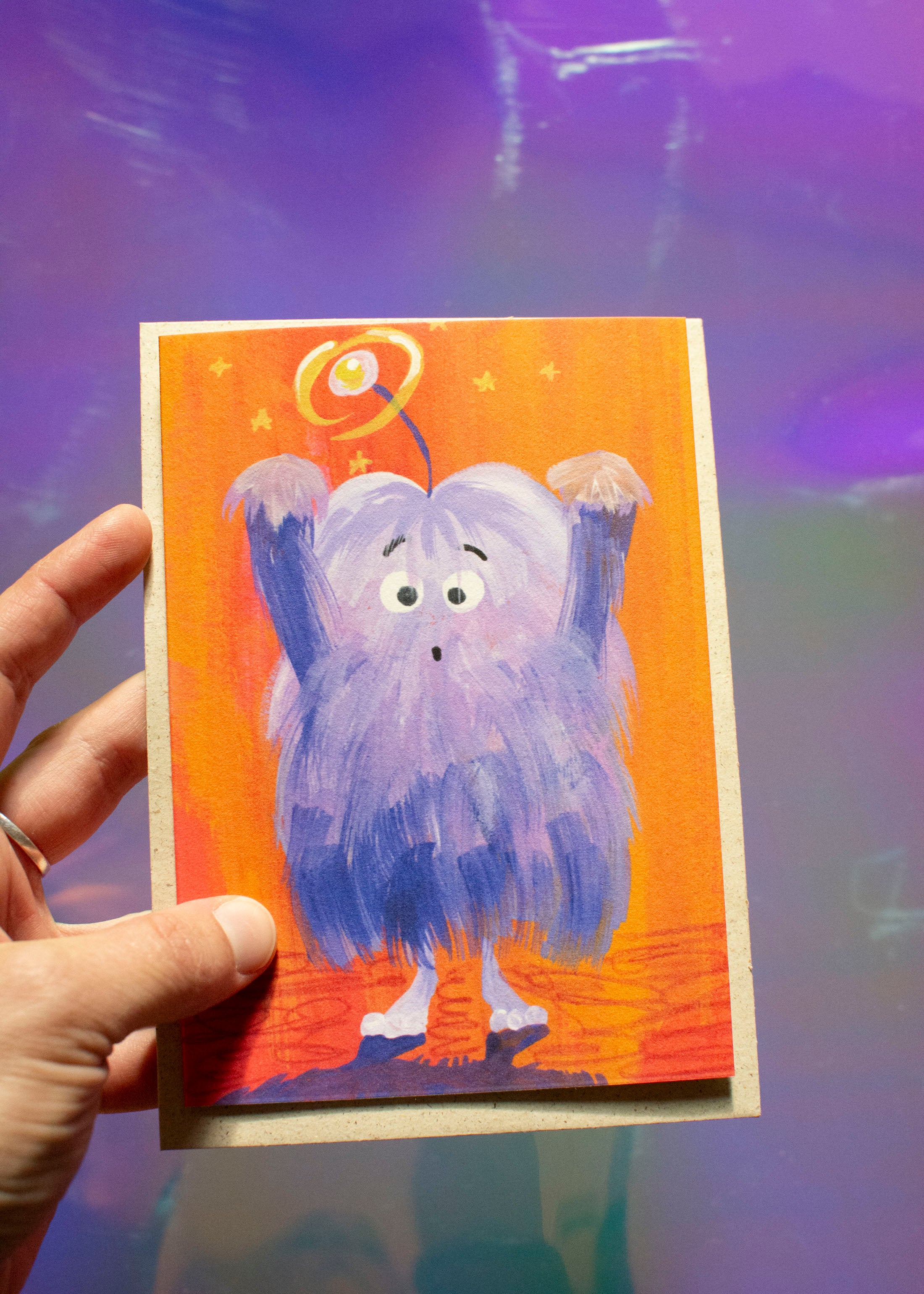 Halloweenkarte lila Fellmonster